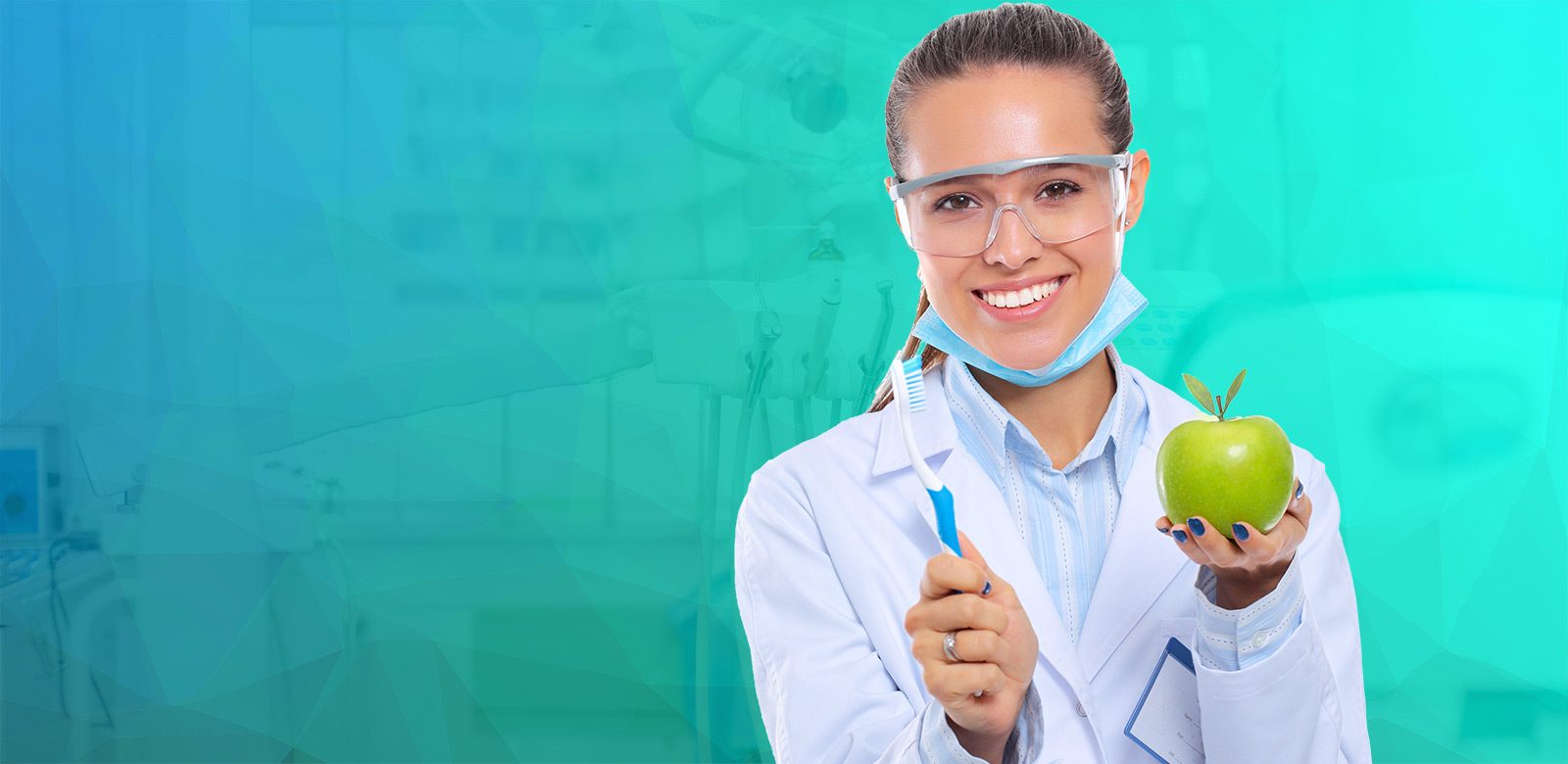 Imagem original do slider: dentista com escova e maçã